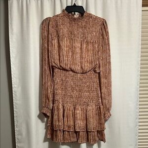 Aqua Rust Print Smocked Long-Sleeve Tiered Dress